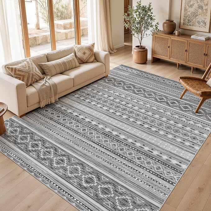 cotiled 8x10 Area Rugs Living Room Rug: Washable Boho Rugs with Non Slip Backing Large Soft Indoor Stain Resistant Carpet for Bedroom Farmhouse Dining Room Lightweight Home Decor Beige Grey