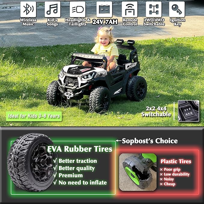sopbost 24V 7Ah Ride On Toys for Big Kids Ride On Car with Remote Control Battery Powered 4x4 Electric Vehicle Kids UTV, EVA Tires Wheels, Music Play, White
