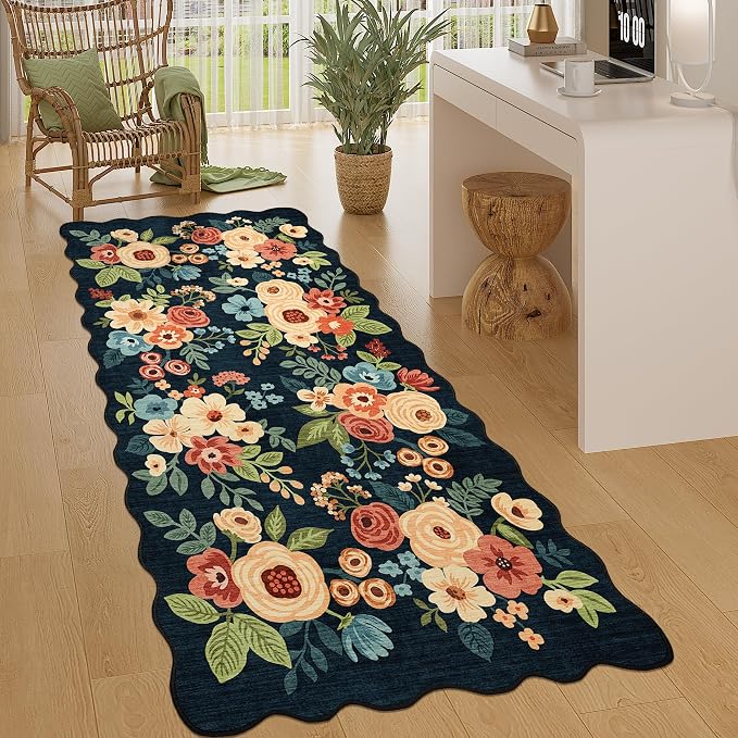 DUKINO 3x6 Hallway Runner Rug, Washable Kitchen Rug Non Slip, Navy Blue | Low Pile, Stain Resistant, Soft Floral Throw Rugs for Entryway, Bedroom, Bathroom, Laundry, Pet Friendly, Modern Home Decor