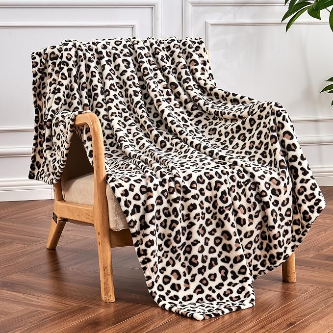 Edenleaf Leopard Print Blanket Fleece Throw for Bed Sofa Travel and Camping, Super Soft Cozy Fluffy Plush Cheetah Print Blanket for All Seasons 60"x80" (Cream)