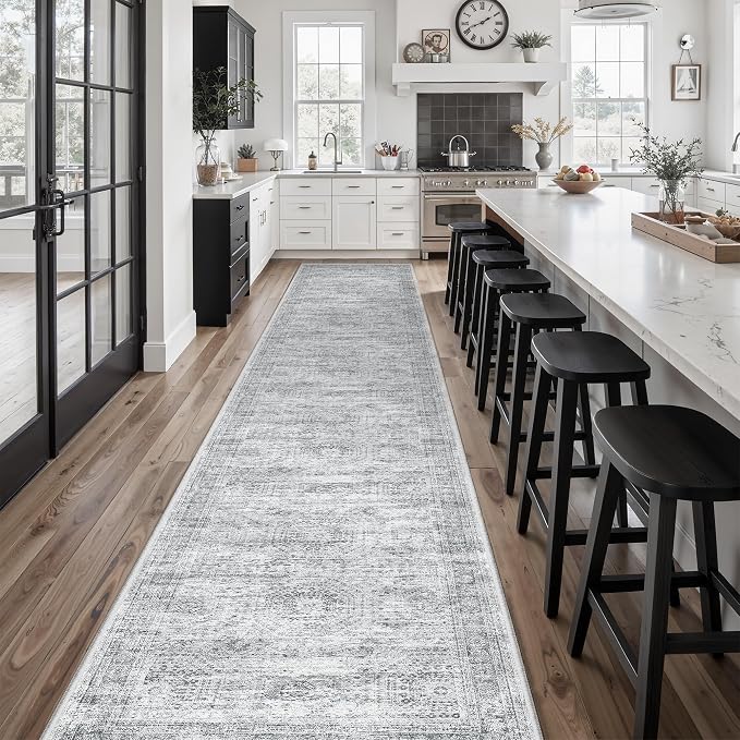 Soalmost Hallway Runner Rug 2'6" x 16' Washable Long Kitchen Rugs Grey | Non-Slip Vintage Runners 2.5x16ft for Bathroom Entryway, Thin Low-Pile Foldable Floor Carpet Mat 16 ft for Corridor Bedroom