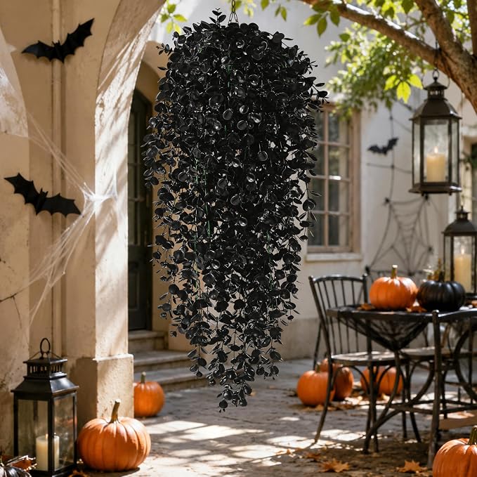 Waipfaru 4Pcs Artificial Hanging Plants, Black Halloween Wall Decor | Fake Plants Eucalyptus Leaves for Outdoors UV Resistant Plants Outdoor Indoor Bedroom Living Room Porch Shelf Decor