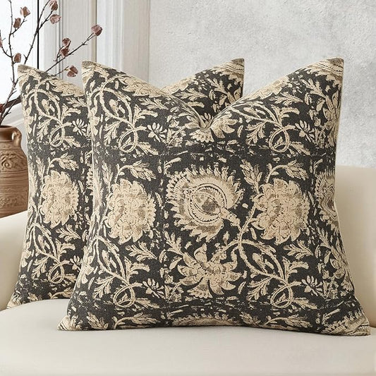Vintage Floral Print Throw Pillow Covers 18x18 Set of 2 Neutral Modern Farmhouse Pillowcases Accent Decorative Cushion Covers Boho Home Decor for Couch Sofa Chair Bed Living Room, Black