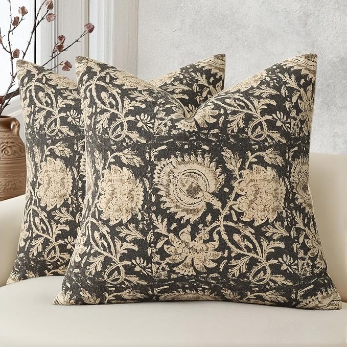 Vintage Floral Print Throw Pillow Covers 16x16 Set of 2 Neutral Modern Farmhouse Accent Decorative Cushion Covers Boho Home Decor for Couch Sofa Chair Bed Living Room, Black