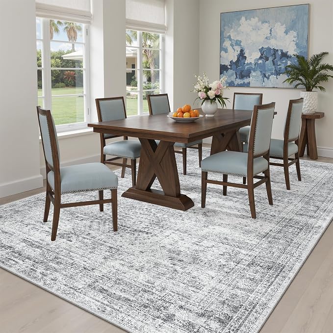 Soalmost 5x7 Area Rugs Grey Low Pile Washable Trendy Faded Style Rug | Vintage Non-Slip Indoor Accent for Bedroom Dining, Foldable Stain Resistant Floor Carpet Mat Under Table Home Office Decor