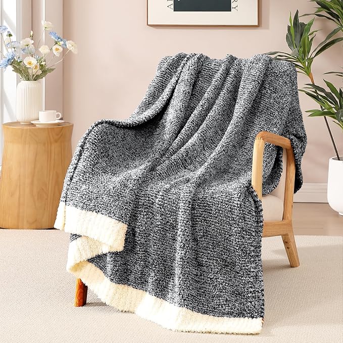 Soft Throw Blanket for Couch-Cozy Reversible Knitted Blankets | Lightweight Warm Fluffy Decor for Women, Mom, Her & Girls, Sofa, Chair, Bed, 50x60in, Cationic Dyeing Black