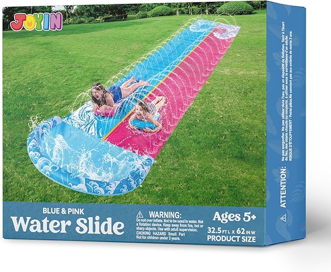 JOYIN 32.5FT Water Slide and 2 Inflatable Boards, Extra Long Heavy Duty Double Lawn Waterslide with Sprinkler for Kids Adults Backyard Summer Water Toy Outdoor Fun, Blue, Pink
