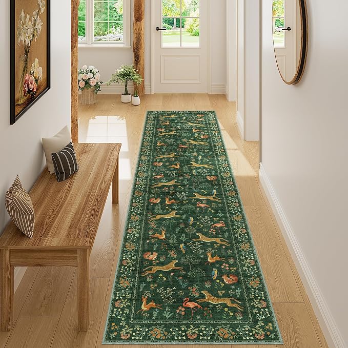 DUKINO 2x8 Washable Runner Rug, Non Slip Animal Kitchen Runner Rug, Green | Soft, Low Pile, Non-Shedding Indoor Carpet Runner for Hallway, Entryway, Bedroom, Bathroom, Pet Friendly, Stain Resistant