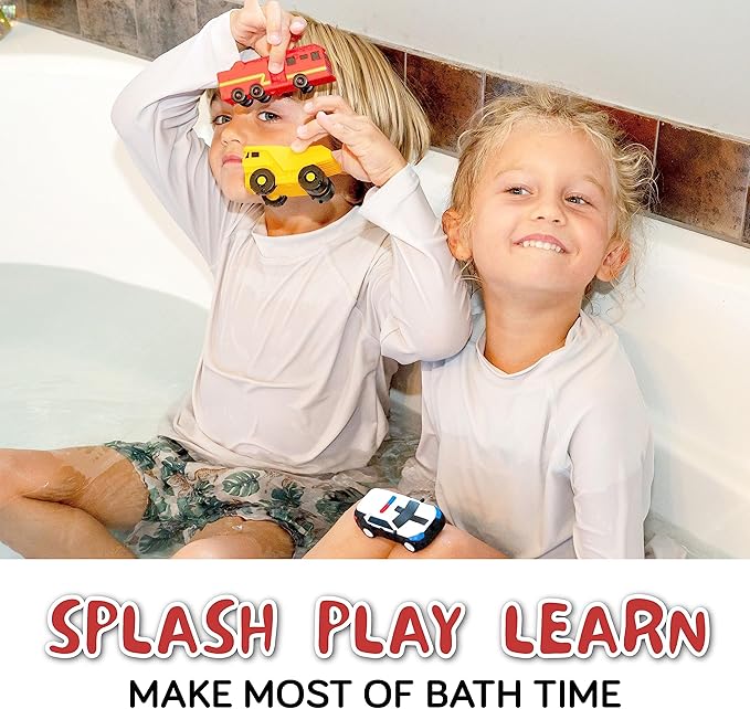 SplashEZ Mold Free Baby Bath Toys, No Hole Bath Toys for Toddlers, Bathtub Cars Set for Kids Ages 1-3, No Mold Floating Water Vehicles Set for Pool, BPA-Free, Safe, Fun, Infant Ages 1 3 6 12 18 Months