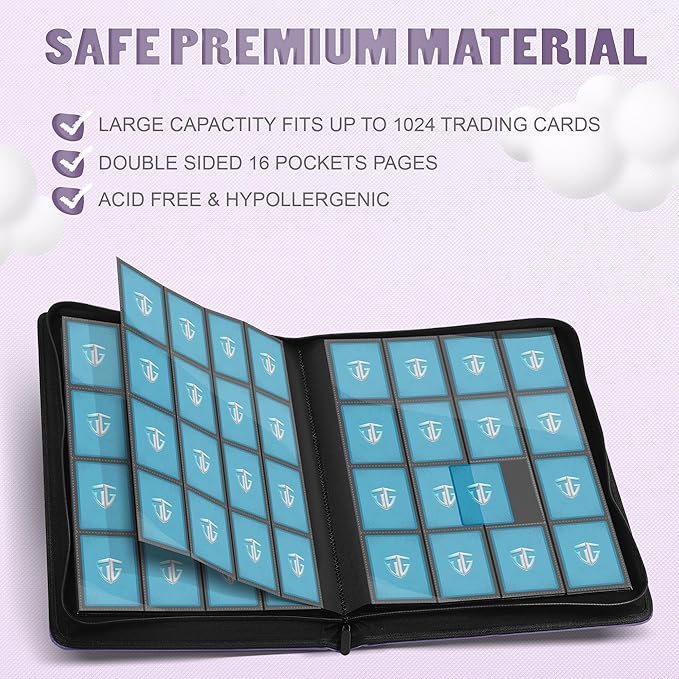 16 Pockets Trading Card Zipper Binder for 1000+ Cards| Secure Side Loading Pockets | Trading Card Album Folder | Compatible with YuGiOh, MTG,Sports Cards (Purple 16)