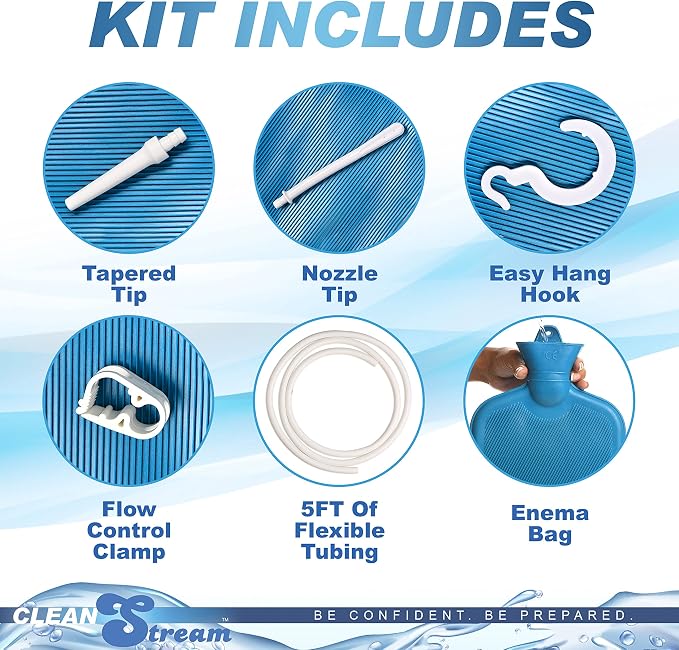 CleanStream Water Bottle Enema Cleaning Kit for Men and Women, 2 Quart Durable Rubber Bag with 5-Foot Flexible Tube, Tapered and Nozzle Tips Included, Flow Control Clamp, Hygienic Design