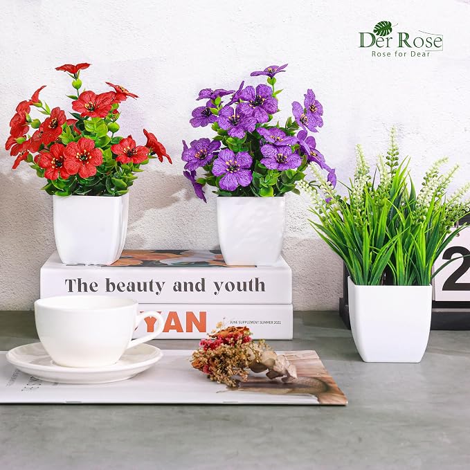 Der Rose 4 Pack Small Artificial Flowers in White Pots, Spring Home Decor | UV-resistant artificial plants, colorful mixed flower styles, for desk shelf bathroom bedroom classroom and spring home decor