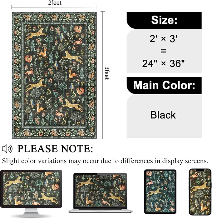 DUKINO 2x3 Rug, Animal Door Mat Washable Rug for Entryway Non Slip, Black | Low Pile, Soft Indoor Small Rug for Entrance, Bedroom, Bathroom, Laundry, Pet Friendly, Lightweight, Non-Shedding