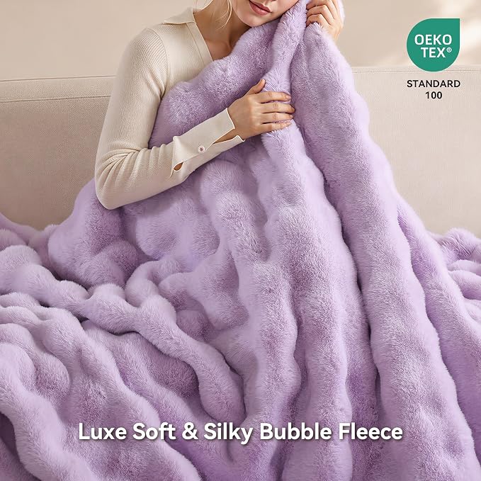 Faux Fur Throw for Couch - Light Purple Bubble Blanket 50"x60" | Fluffy Plush Fuzzy Throw for Sofa & Bed, Super Soft Cozy Comfrt Blanket, Luxury Aesthetic Purple Decor Gift for Women