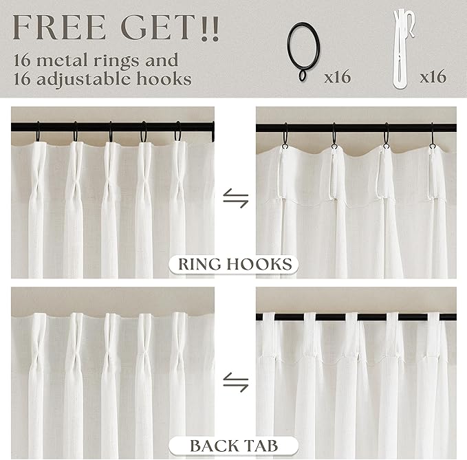Beige White Linen Curtains Pinch Pleated 84 Inches Long for Living Room Bedroom Pleat with Rings Back Tab Semi Sheer Curtains 84 Inch Length 2 Panels Set Light Filtering Farmhouse Drapes