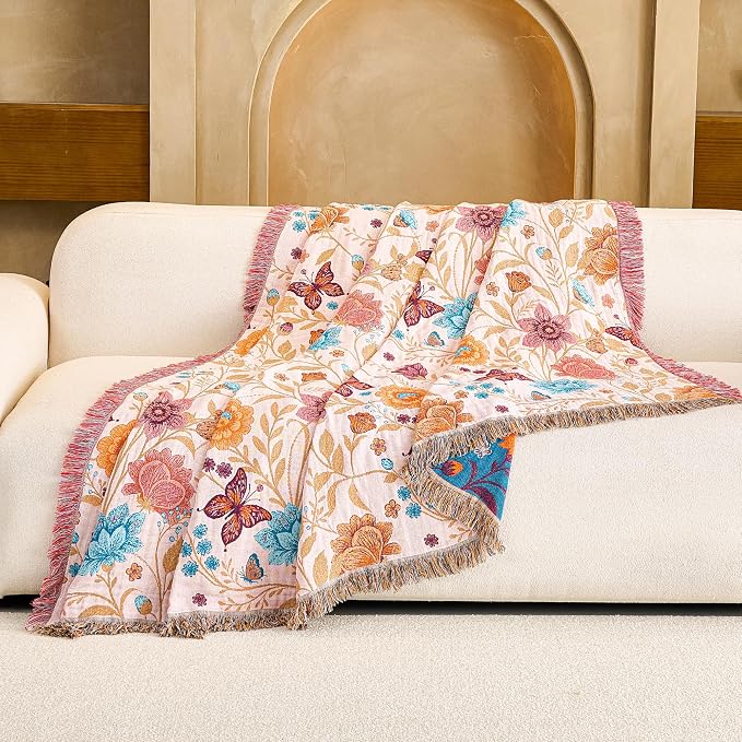 VANJOROY Boho Throw Blanket, 100% Organic Cotton Breathable Ultra Soft 50" x 60" Bed Quilt Throw - All Season Floral Rustic Farmhouse Decor Luxury Reversible Blanket for Sofa Couch Chair and Gift