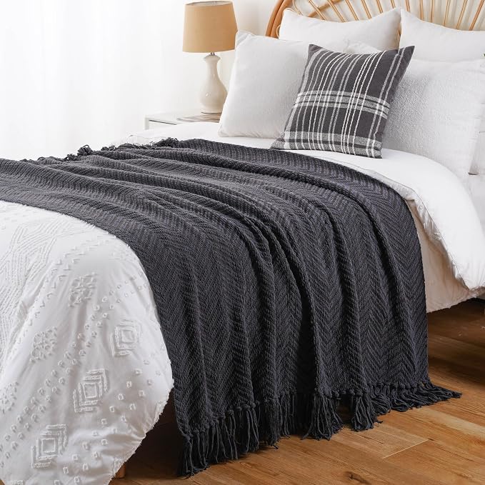BATTILO HOME Dark Grey Throw Blanket for Couch, 60"x80" | Knit Charcoal Throw Blanket Versatile for Chair, Super Soft Warm Grey Blanket with Tassels for Bed, Sofa and Living Room