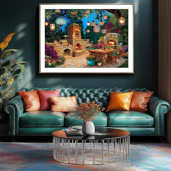Blueforest 1000 Piece Jigsaw Puzzle for Adults - Enchanted Garden Patio: Mosaic Lanterns, Stone Fireplaces & Night Blooms, Challenging Hard Difficult Puzzles for Adults, 27.5x19.7 Inch Art Puzzle