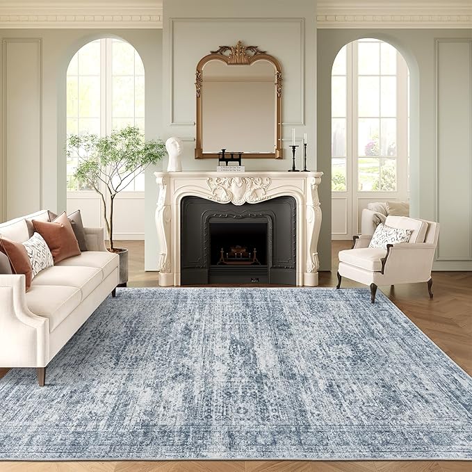 Soalmost Washable Area Rug 8x10 Large Soft Blue Rugs for Living Room | Vintage Non-Slip Carpet for Dining Bedroom, Stain Resistant Low Pile Foldable Lightweight Floor Mat Under Table Home Decor