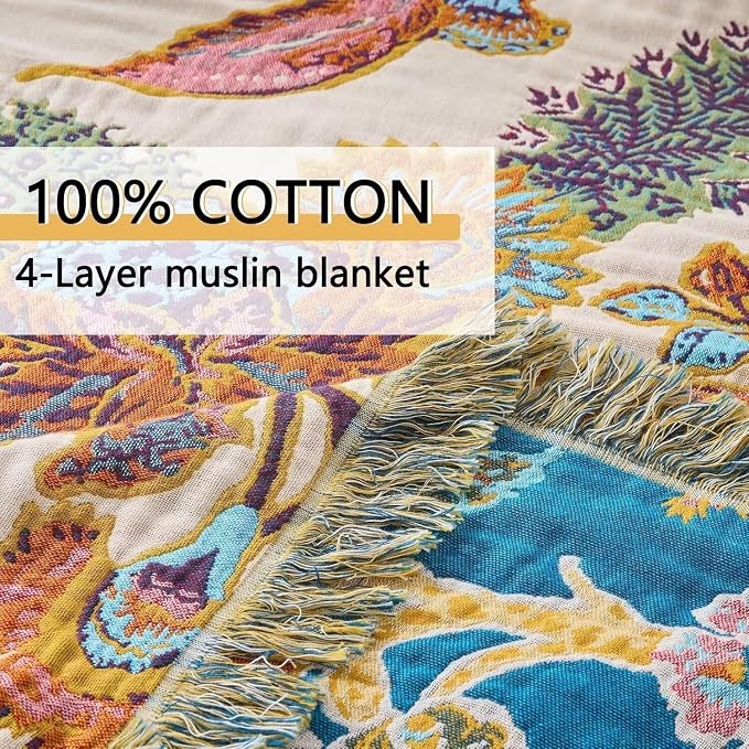 Boho Throw Blanket Farmhouse Decor Throw Blanket Bohemian Blanket for Bed 100% Cotton Muslin Woven Couch Blanket All Seasons Quilt Bedroom (E-Beige, 60"x80")