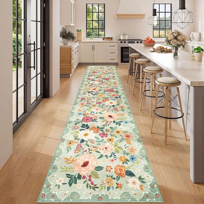 DUKINO 2x12 Washable Runner Rug, Non Slip Long Kitchen Runner Rug, Green | Floral, Low Pile, Soft Indoor Rug Runner for Hallway, Entryway, Bedroom, Bathroom, Laundry, Pet Friendly, Modern Home Decor