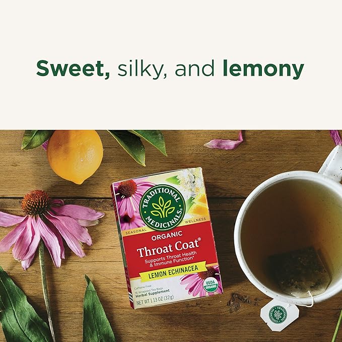Traditional Medicinals, Organic Throat Coat Lemon Echinacea - Supports Throat Health - Kosher, Non-GMO, Caffeine-Free, Compostable, 16 ct