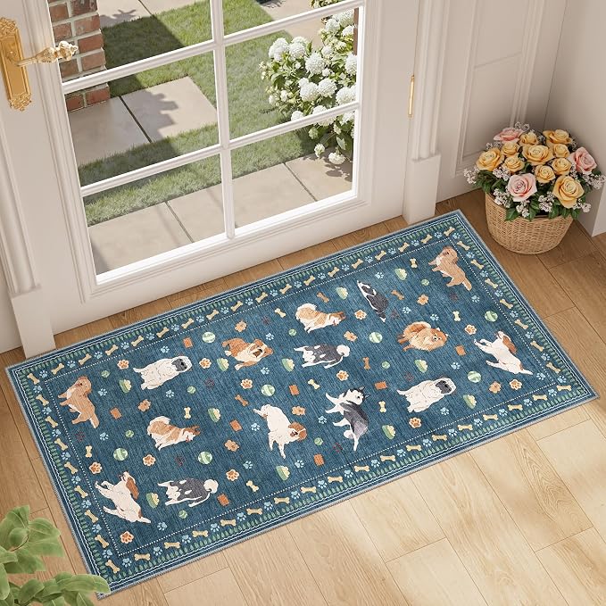 DUKINO 2x4 Rug Runner, Washable Dog Bathroom Rug Soft Non Slip, Blue | Low Pile, Non-Shedding, Stain Resistant, Indoor Animal Carpet Runner for Kitchen Entryway Hallway Laundry Farmhouse Bedroom