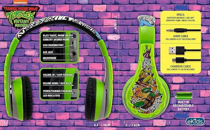 eKids Bluetooth Headphones for Kids, Wireless Headphones with Microphone, Includes Aux Cord (Ninja Turtles)