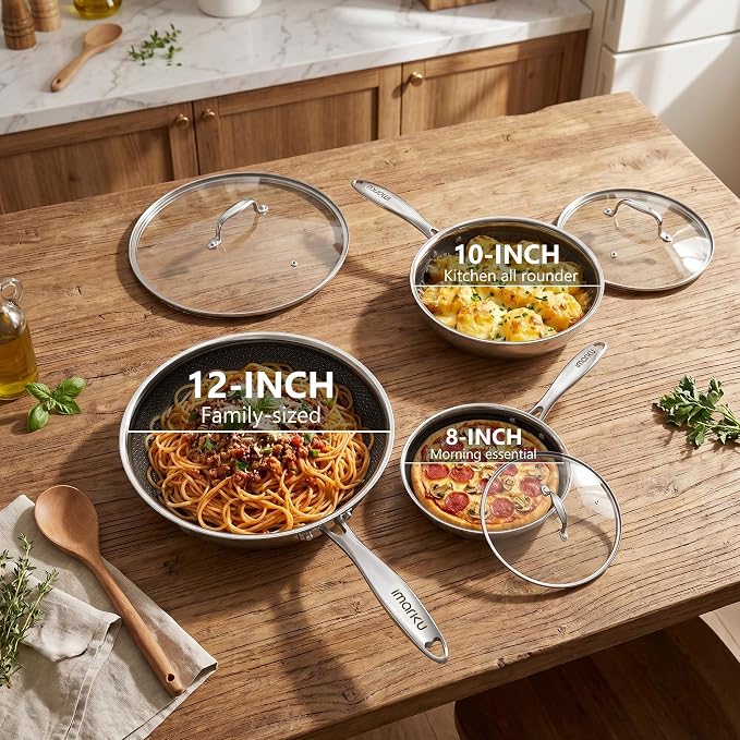 imarku Non Stick Frying Pan Set with Lids, PFOA Free 8/10/12 Inch Skillets | 6 Pcs Ceramic-Coated Hybrid Stainless Steel Cookware Set, Dishwasher Friendly, Oven Safe, Induction Ready, for Men & Women