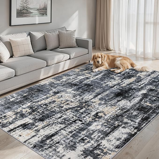 Area Rugs 9x12 Living Room - Washable Rug Modern Abstract Soft Large Neutral Non-Slip Carpet Indoor Floor Thin Carpets for Bedroom Dining Room Farmhouse Nursery Home Office Black Gold