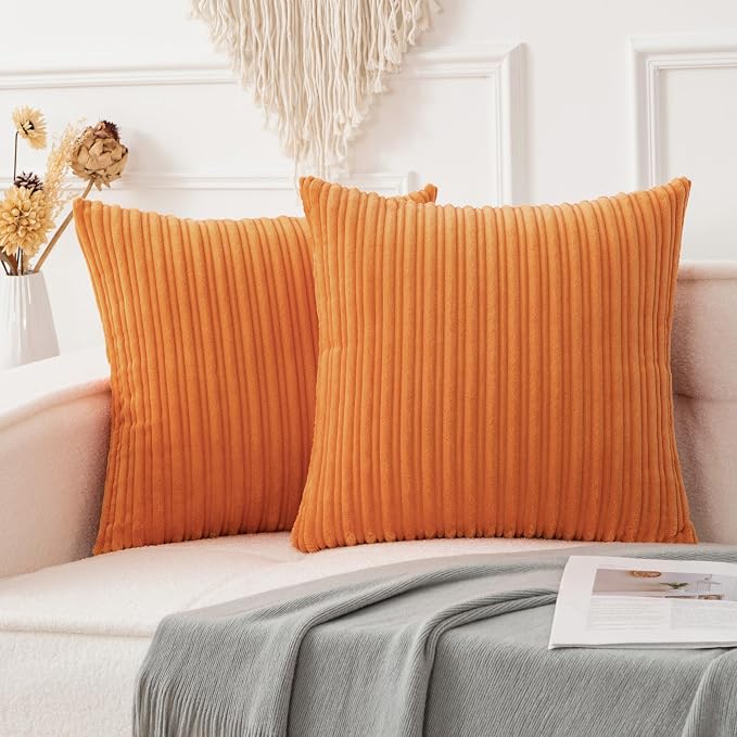 UGASA Fall Decorative Soft Velvet Stripe Pillow Covers Set of 2 Solid Corduroy Textured Euro Cushion Cases for Couch Bedroom Sofa Farmhouse, 18x18 Inch, Orange