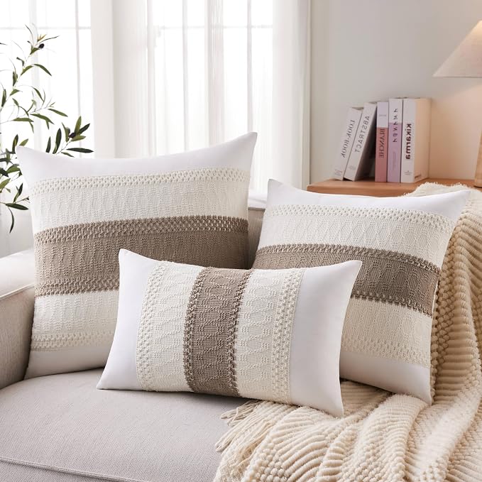 2pk Boho Pillow Covers 24x24, Natural White/Contrast/Cocoa Brown | 100% Organic Cotton Body, Stripe Embroidery, Farmhouse Decorative Cushion Covers for Sofa Bed Living Room Home Decor