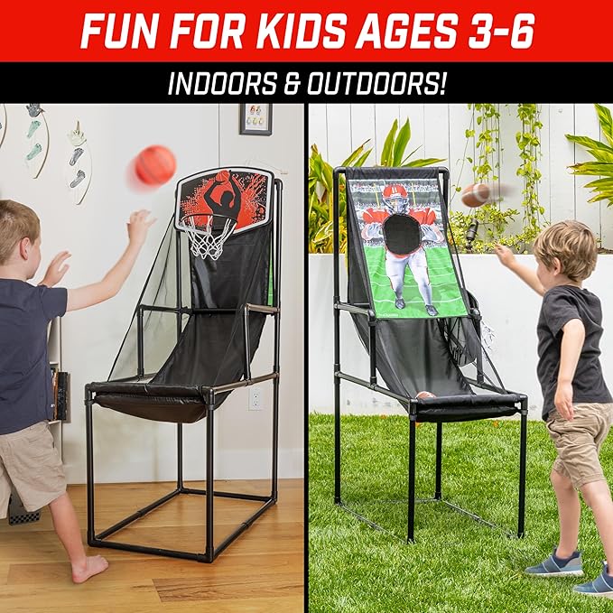 GoSports 2 in 1 Basketball & Football Toss Arcade Game - Indoor & Outdoor Toy Hoop for Kids Ages 3-8