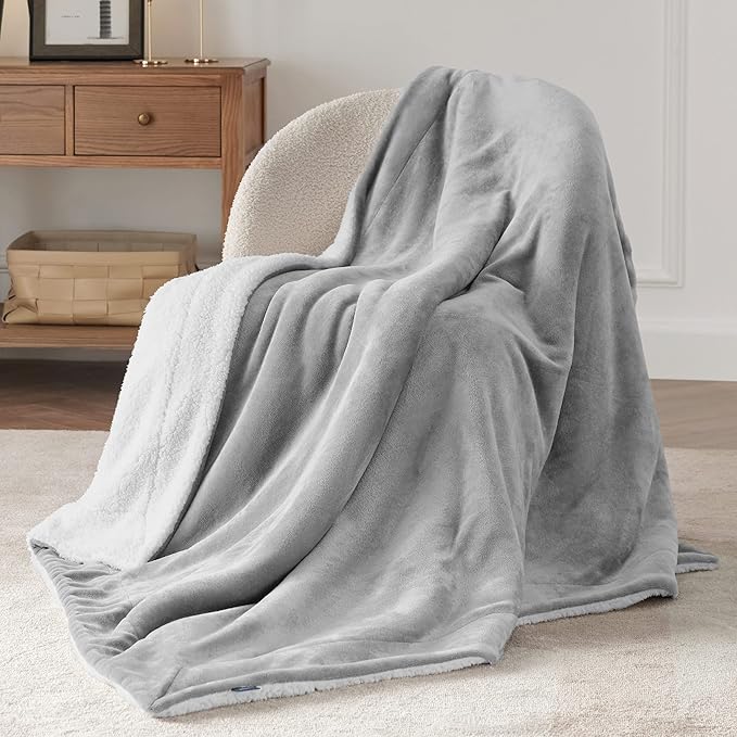 Bedsure GentleSoft Sherpa Fleece Throw Blanket for Couch, Non-Heated, Thick and Warm Throw for Women and Men, Soft Fuzzy Plush Blanket for Winter, Light Grey, 50x60 Inches