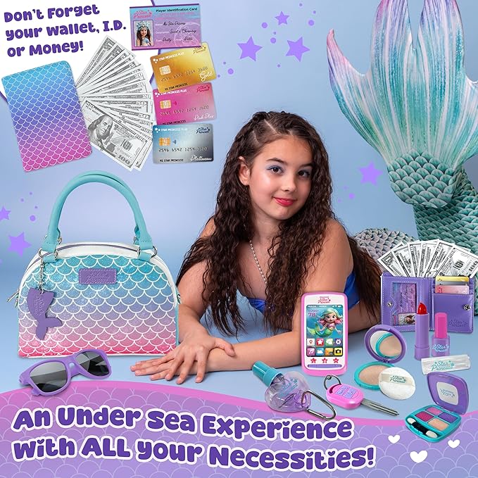Play Purse for Little Girls and Toddlers - Mermaid Purse Toys for Kids Pretend Play Accessories: Phone, Wallet, Credit Cards, Keys, Pretend Makeup Mermaid Gift for Girl Age 3 4 5 6 7 8 Years and Up