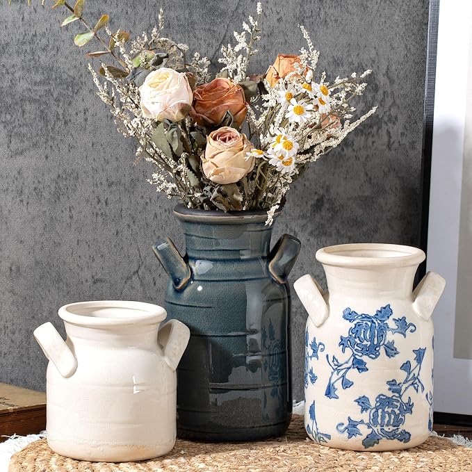 Ceramic Vase Set of 3 with Two Handles, Blue White Neutral Rustic Modern Farmhouse Boho Decor, Versatile as Table Centerpiece or Mantel & Shelf Accent - Unique Home Gift Idea