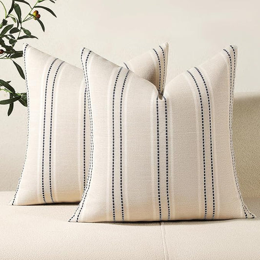 Hckot Throw Pillow Covers 16x16 Set of 2 Striped Pillow Covers Textured Linen Decorative Pillows Square Cushion Covers for Sofa Couch Bed Living Room Farmhouse Decor