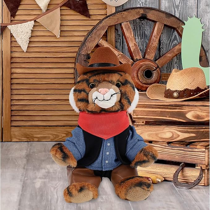 DolliBu Squat Tiger Stuffed Animal Cowboy Plush with Name Personalization - Western-Themed Tiger Plush with Cute Cowboy Costume Denim Shirt Vest, Bandana, Leather Pants, and Hat - 8 Inches