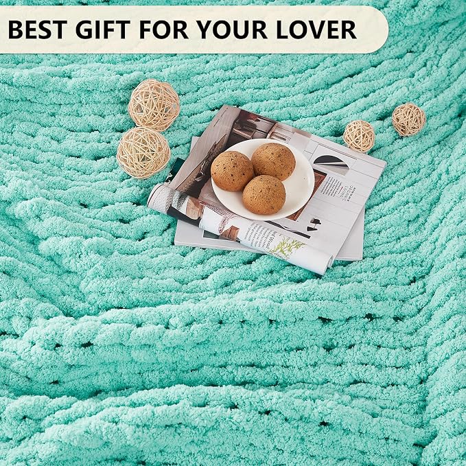 L'AGRATY Chunky Knit Throw Blanket for Couch, 50 x 60 Inches, Lake Blue | Handmade Chenille Crochet Blanket for Sofa Bed, Thick Cable Knitted Blankets for Room Home Decor, Birthday Gift for Women Mom