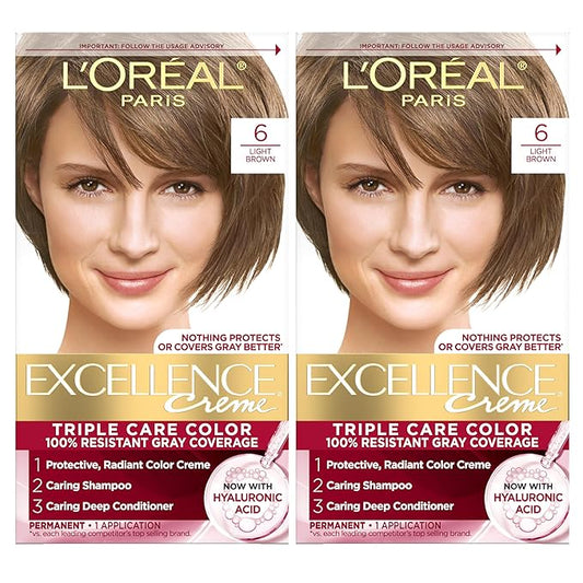 L'Oreal Paris Excellence Crème Permanent Hair Dye, Triple Care Hair Color with Hyaluronic Acid for 100% Gray Coverage, 6 Light Brown, 1 Kit (Pack of 2) (Packaging May Vary)