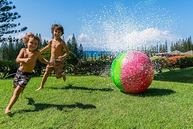 PoolCandy Giant Watermelon Inflatable Sprinkler Ball, Large Backyard Water Sprayer Beach Ball Lawn Toy, Connects to Garden Hose for Kids Adults Summer Outdoor Fun