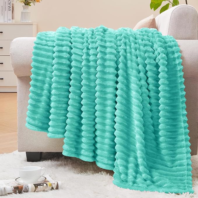 BEDELITE 3D Ribbed Jacquard Aqua Fleece Twin Blanket for Bed, 60x80 Inch | Soft Warm Decorative Fluffy Blanket, Cozy Plush Lightweight Fuzzy Throw Blanket for Couch Sofa Room Decor, Gift for Women