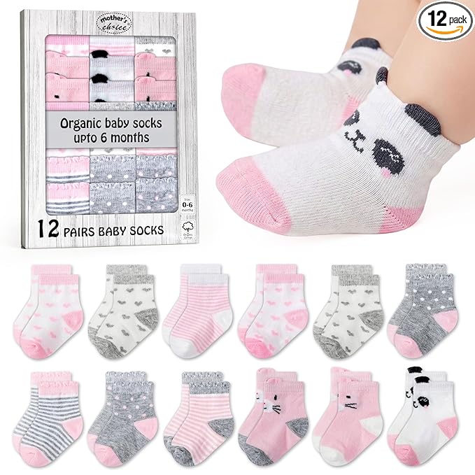 Mother's Choice Organic Cotton Baby Socks 0–6 Months, 12 Pairs Newborn & Infant Socks Soft Hypoallergenic Breathable Gentle On Delicate Skin Stretch Fit Comfortable Daily Essentials For Little Ones
