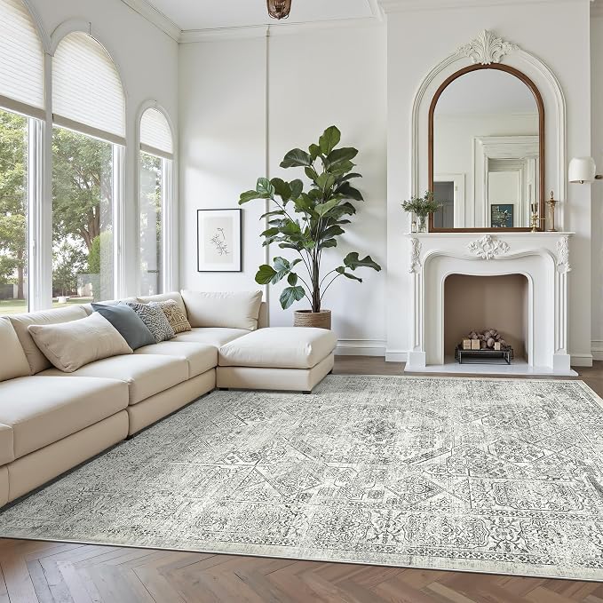 Soalmost Washable Area Rug 8x10 Large Soft Living Room Rugs Light Gray | Farmhouse Vintage Carpet Non-Slip for Dining Bedroom, Stain Resistant Low Pile Foldable Thin Floor Mat Under Table Home Decor