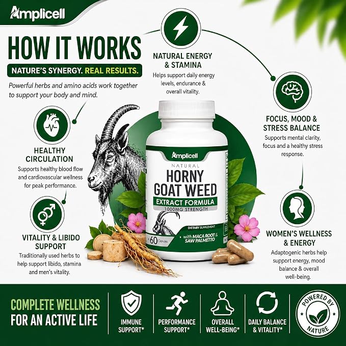 Horny Goat Weed Complex Supplement with Maca Root, Tongkat Ali, L-Arginine & Panax Ginseng – Energy, Stamina, Circulation & Vitality Support for Men & Women – Herbal Adaptogen Blend – 60 Capsules