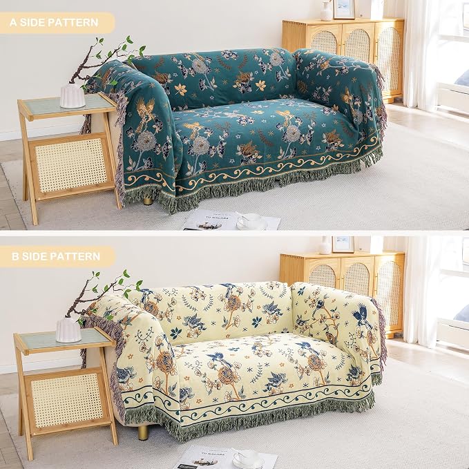 VANJOROY Boho 100% Cotton Large Throw Blanket King - All Season Rustic Ultra Soft Breathable Floral Bird Blanket for Bed Sofa Couch Chair Bedspread Quilt Gift, 91" x 108"-Teal/Beige