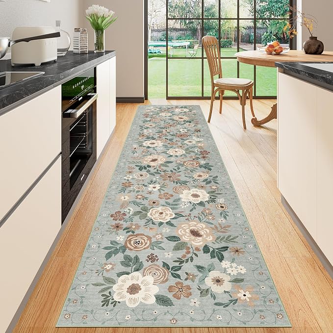 DUKINO 2x10 Runner Rug, Washable Kitchen Runner Rug Non Slip, Sage Green | Soft, Low Pile, Stain Resistant Indoor Rug Runner for Hallway, Entryway, Bedroom, Bathroom, Laundry, Pet Friendly, Home Decor