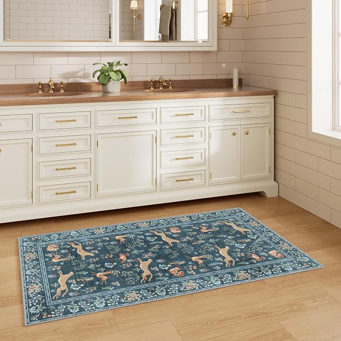 DUKINO 2x4 Rug for Entryway, Animal Washable Runner Rug for Kitchen, Blue | Non Slip, Low Pile, Stain Resistant Thin Indoor Carpet for Hallway, Bedroom, Bathroom, Laundry, Pet Friendly, Non-Shedding