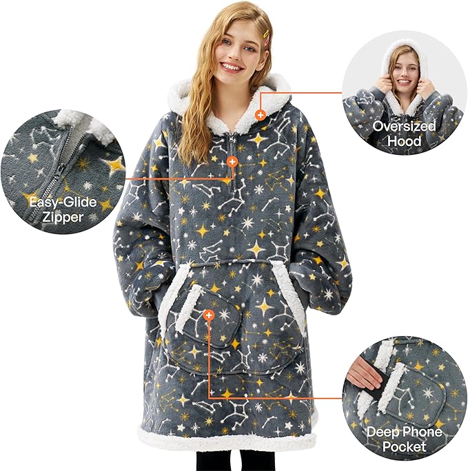 Giggling Getup Wearable Blanket Hoodie for Adults Gifts for Teen Girls Sister Women Sherpa Fleece Printed Hooded Blanket Sweatshirt Warm Cozy with Pocket & Sleeves Grey Glowing Stars