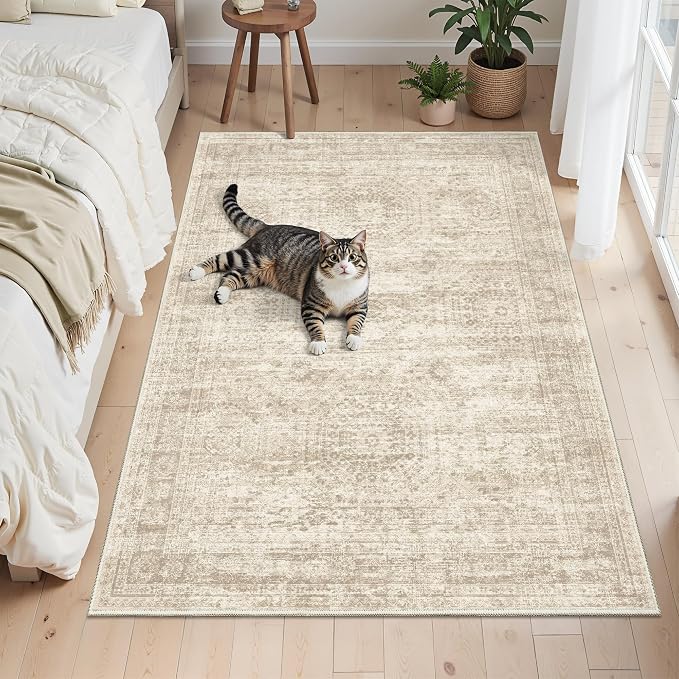 Soalmost 3x5 Rugs Non-Slip, Small Washable Kitchen Entryway Area Rug Beige | Vintage Low Pile Carpet for Nursery Coffee Table Bathroom, Foldable Stain Resistant Indoor Door Mat Entrance Powder Room